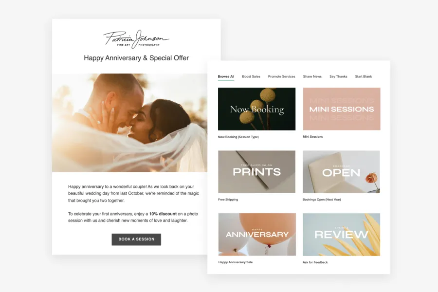 Email campaign feature for photographers showing customizable email marketing templates, client anniversary promotions, mini session announcements, booking offers, print sales, and client engagement emails.